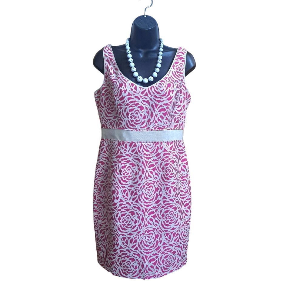 Maggie London Pink/Off-white Floral Sheath Dress Women's Size 8 Colorful Classic - Picture 3 of 11